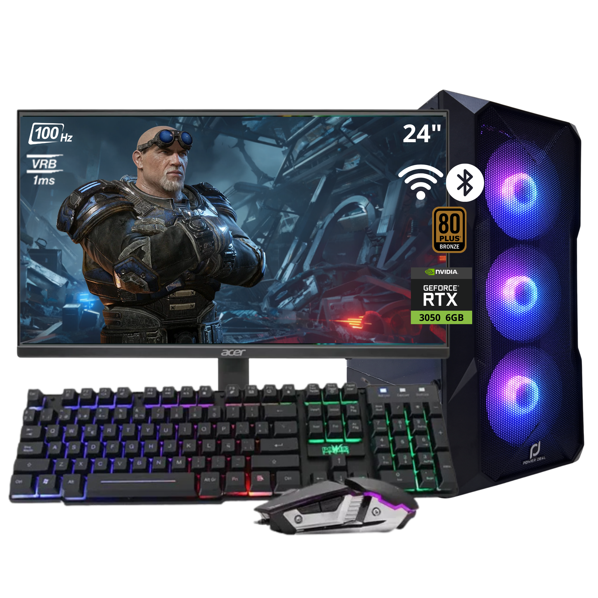 COMPUTADOR KRATOS R5 / R7 - AMD RYZEN 5 5600G - B550 (WIFI + BT) - 16GB - Nvme 512GB - RTX 3050 6GB - MONITOR 24" 120Hz - COMBO RGB - WIN 11