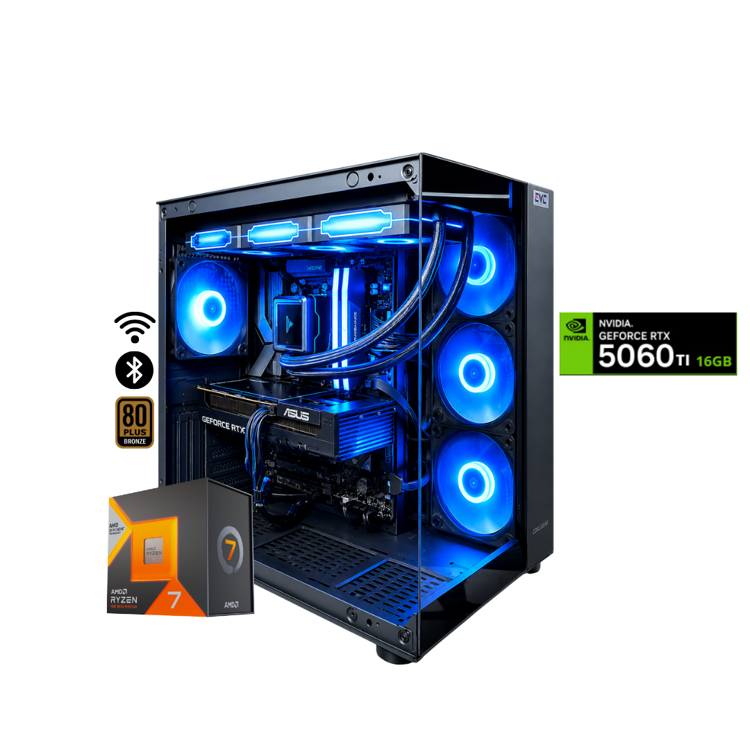 TORRE BLASTER  / RYZEN 7 7800X3D + 32GB DDR5 + NVMe 1TB + FTE 750W Bz + B850 WIFI & BT + RTX 5060TI 16GB + REF LIQUIDA 360 LED