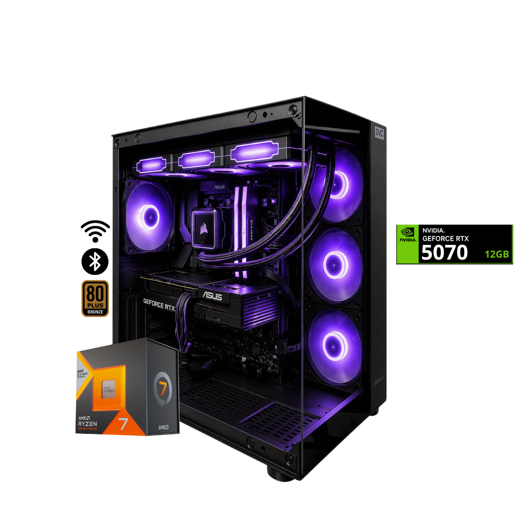 TORRE BLASTER PLUS / RYZEN 7 7800X3D + 32GB DDR5 + NVMe 1TB + FTE 750W Bz + B850 WIFI & BT + RTX 5070 12GB + REF LIQUIDA 360 LED