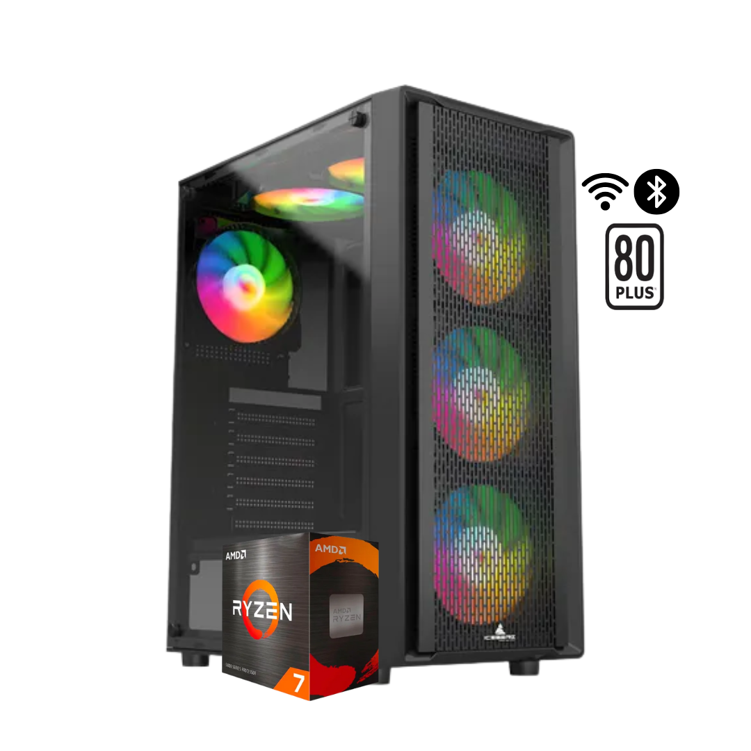 TORRE TITAN R7 / FLOW C BLACK + 4 ARGB + RYZ 7 5700G + B550M Wifi +16GB DDR4 + 512 NVMe +  600W 80