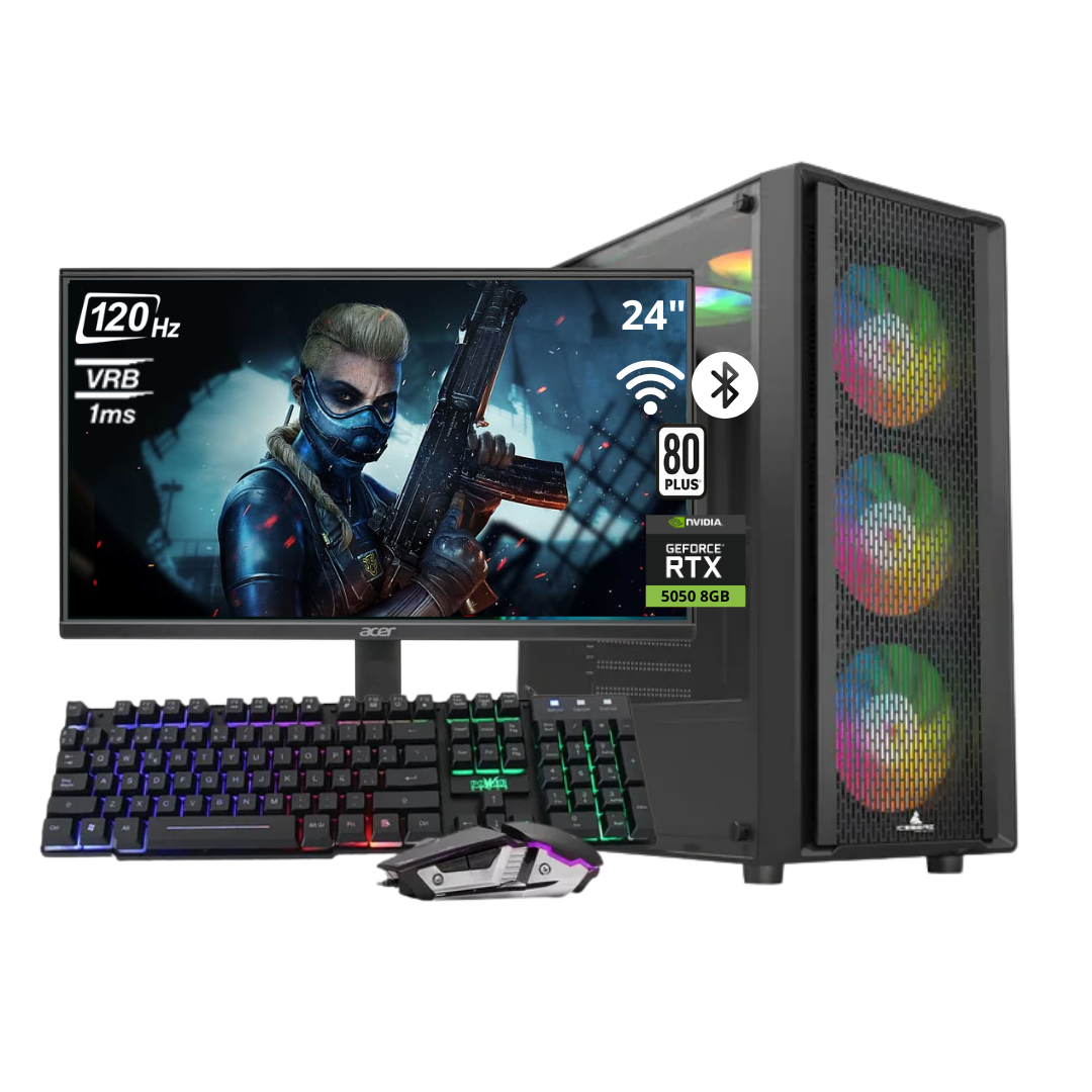 PC KRATOS R7 / XPG LANDER BLACK + 4 ARGB + RYZ 7 5700G + B550M Wifi +16GB DDR4 + 512 NVMe +  600W 80 + RTX 3050 6GB +  24" 120Hz + COMBO RGB 801